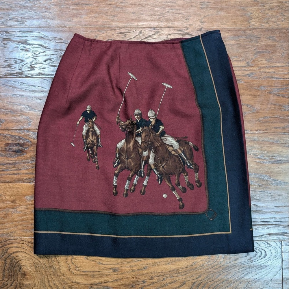 Ralph Lauren Vintage 100% Wool Polo Match Graphic Skirt Burgundy Size 8 USA Made